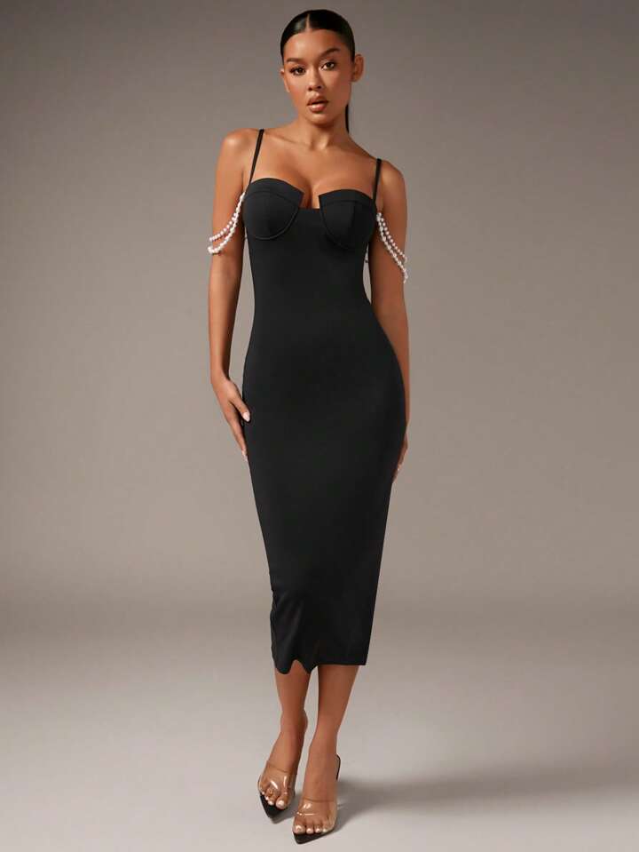 Beaded pearls cami bodycon dress in black