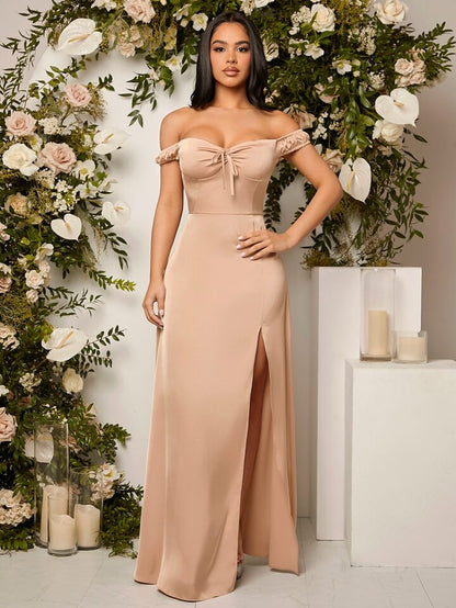 Belle off shoulder tie front split thigh bridesmaid dress in nude