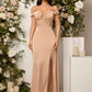 Belle off shoulder tie front split thigh bridesmaid dress in nude