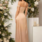 Belle off shoulder tie front split thigh bridesmaid dress in nude