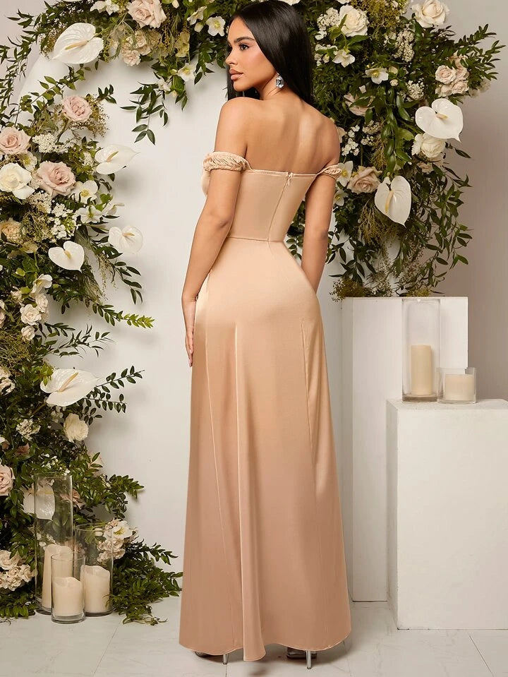 Belle off shoulder tie front split thigh bridesmaid dress in nude