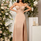 Belle off shoulder tie front split thigh bridesmaid dress in nude