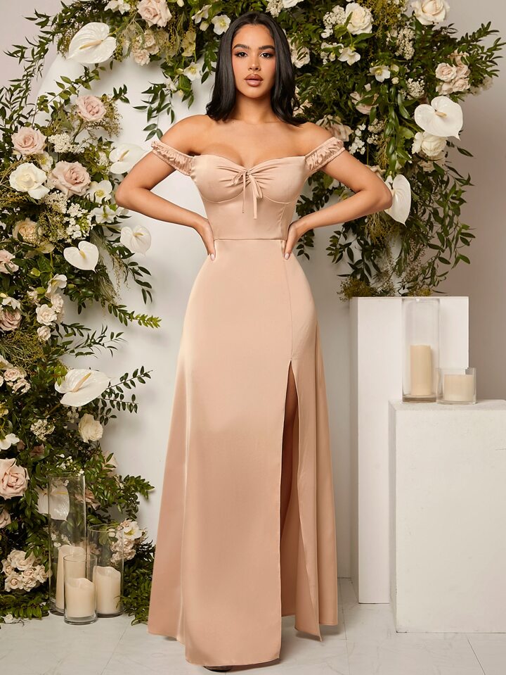 Belle off shoulder tie front split thigh bridesmaid dress in nude