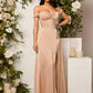 Belle off shoulder tie front split thigh bridesmaid dress in nude