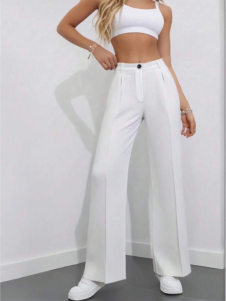 Belted high waist pleated loose pants in white