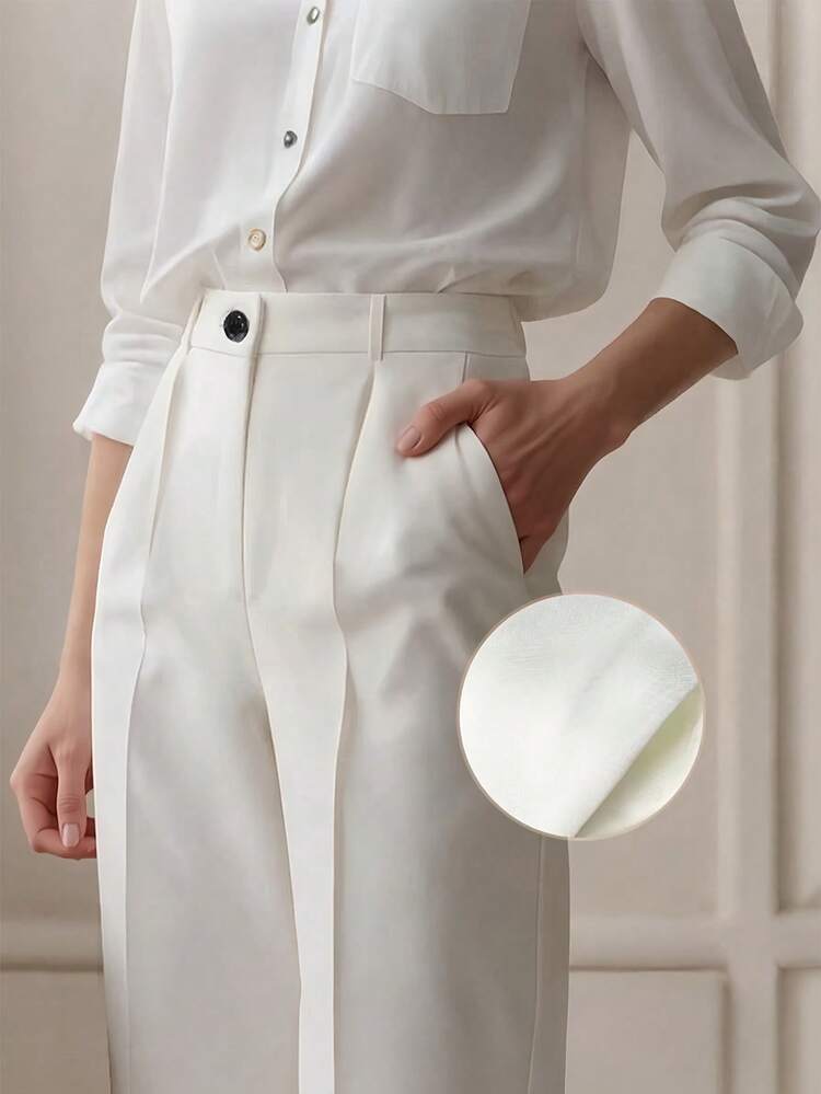 Belted high waist pleated loose pants in white