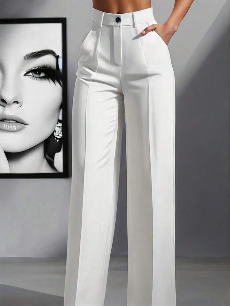 Belted high waist pleated loose pants in white