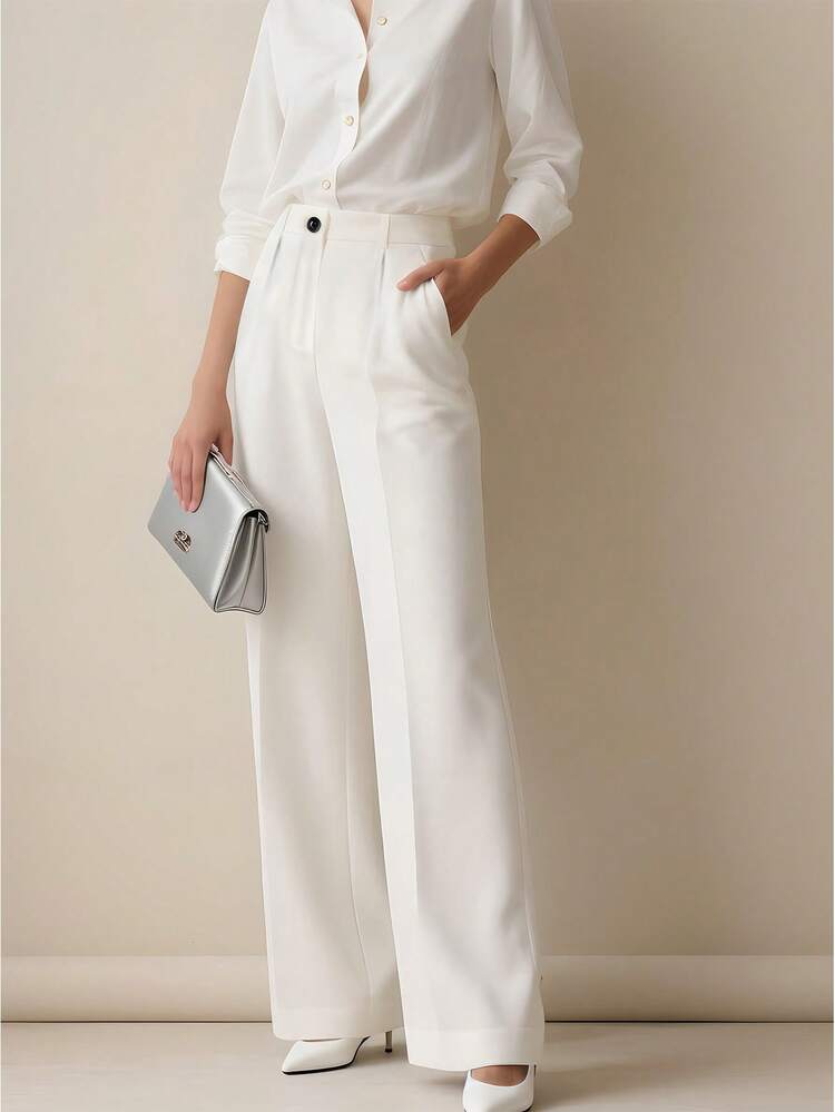 Belted high waist pleated loose pants in white