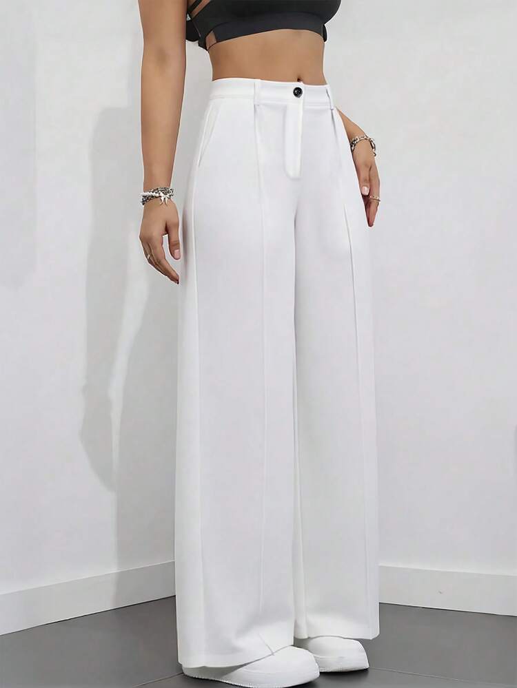 Belted high waist pleated loose pants in white