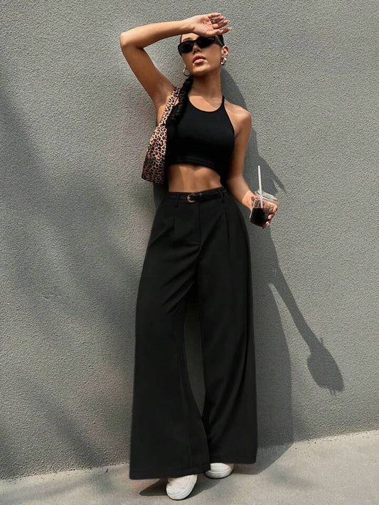 Belted high waist wide leg pants in black