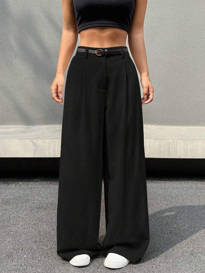 Belted high waist wide leg pants in black