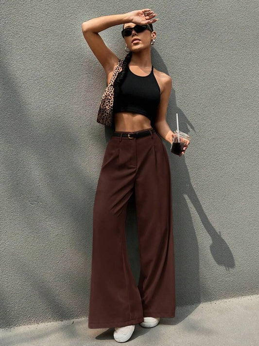 Belted high waist wide leg pants in brown