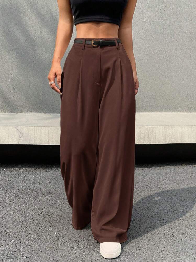 Belted high waist wide leg pants in brown