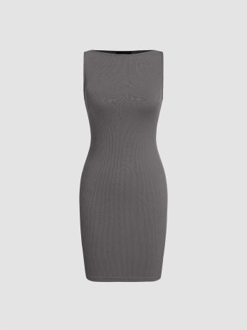 Boat neck solid sleeveless mini dress in grey