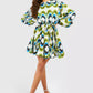 Bright geo print godet mini dress in multi
