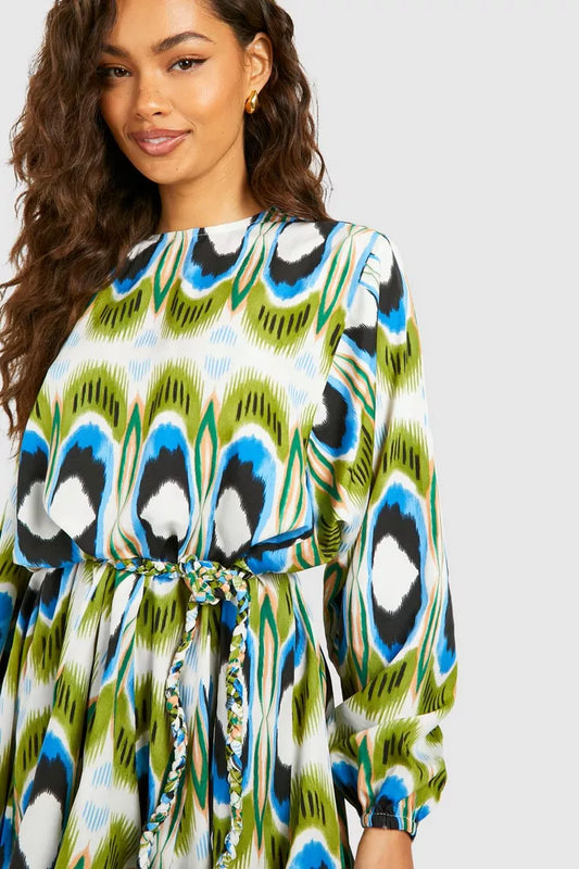 Bright geo print godet mini dress in multi