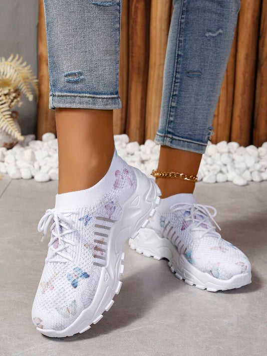 Butterfly pattern mesh sneakers in white