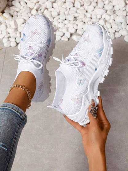 Butterfly pattern mesh sneakers in white