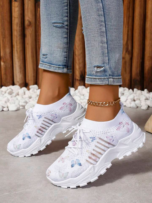 Butterfly pattern mesh sneakers in white