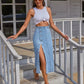 Button front longline denim skirt in mid blue