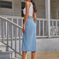 Button front longline denim skirt in mid blue