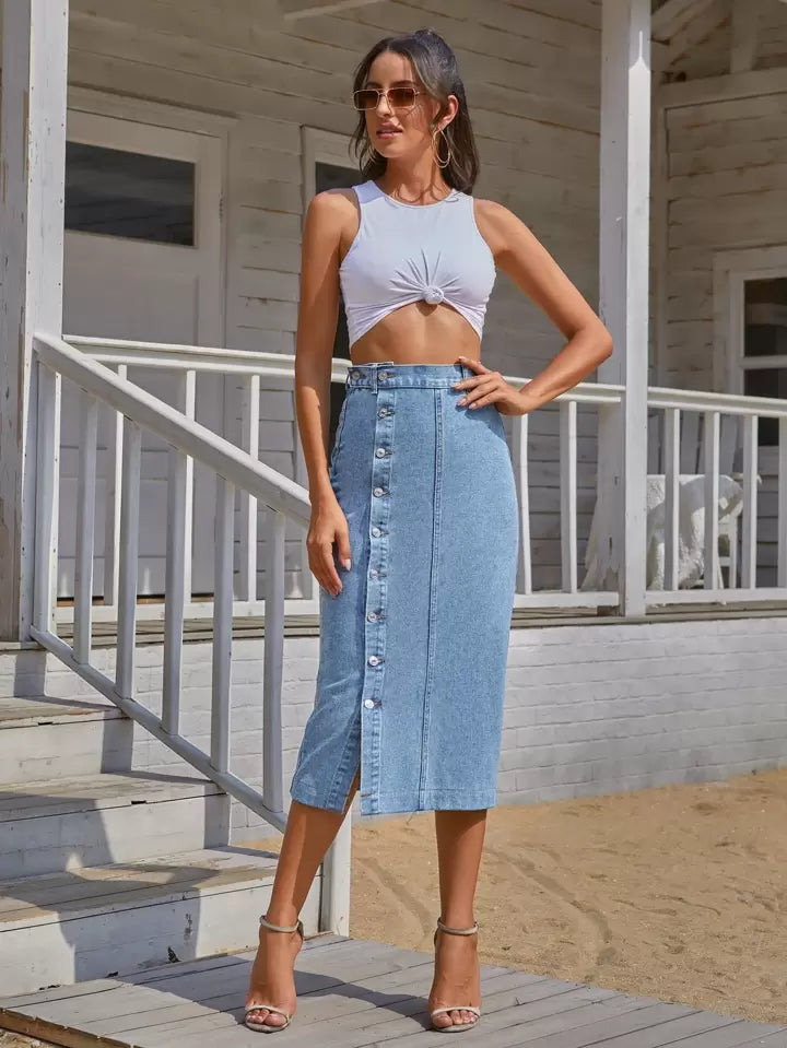 Button front longline denim skirt in mid blue