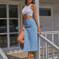 Button front longline denim skirt in mid blue