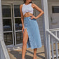 Button front longline denim skirt in mid blue