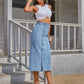 Button front longline denim skirt in mid blue