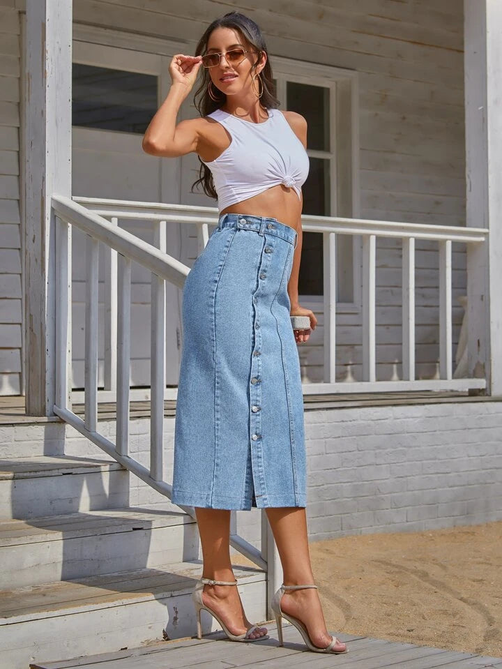 Button front longline denim skirt in mid blue