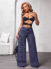 Cargo pocket wide leg loose casual jeans in grey