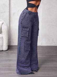Cargo pocket wide leg loose casual jeans in grey