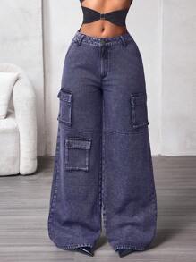 Cargo pocket wide leg loose casual jeans in grey