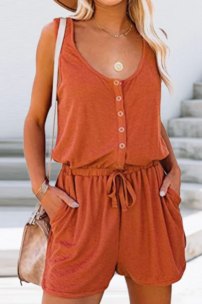 Casual solid patchwork u neck straight playsuit in orange