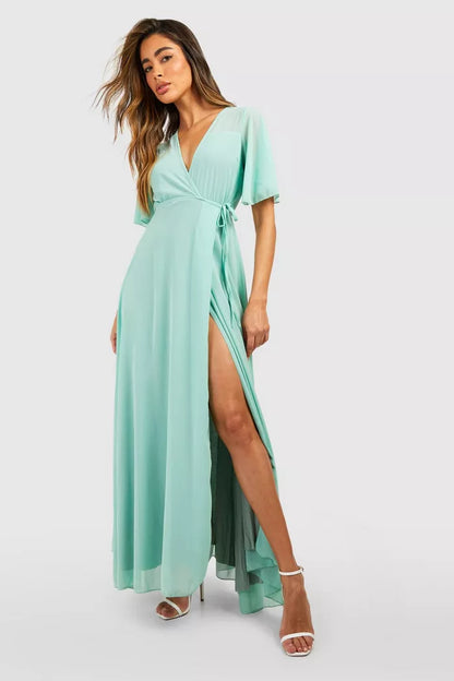 Chiffon angel sleeve wrap maxi dress in green