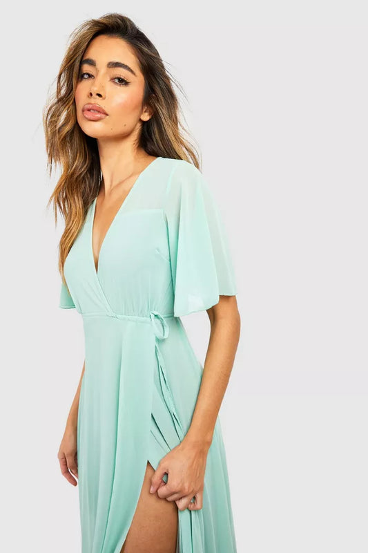 Chiffon angel sleeve wrap maxi dress in green