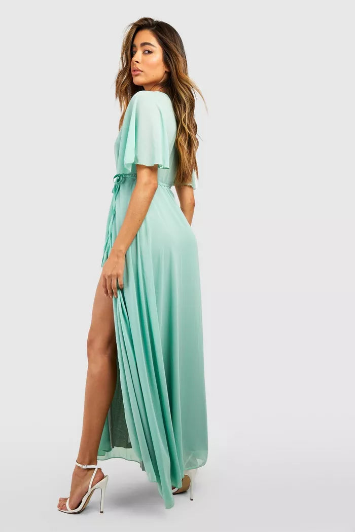 Chiffon angel sleeve wrap maxi dress in green