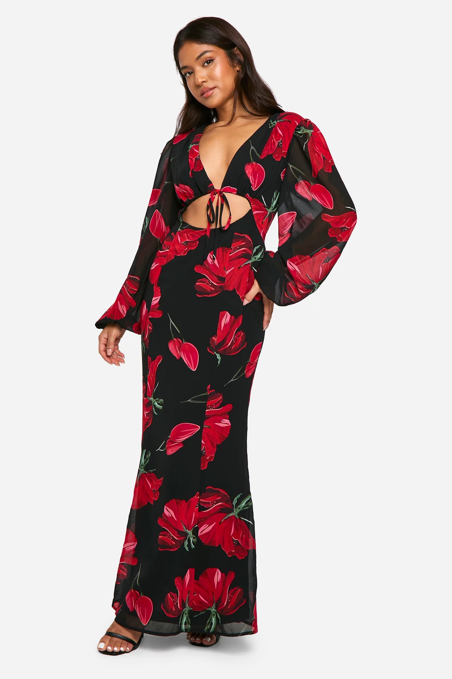 Chiffon floral volume sleeve maxi dress in red