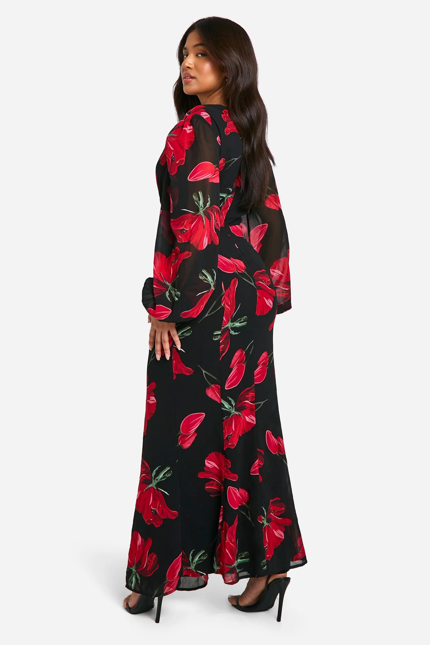 Chiffon floral volume sleeve maxi dress in red