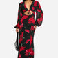 Chiffon floral volume sleeve maxi dress in red