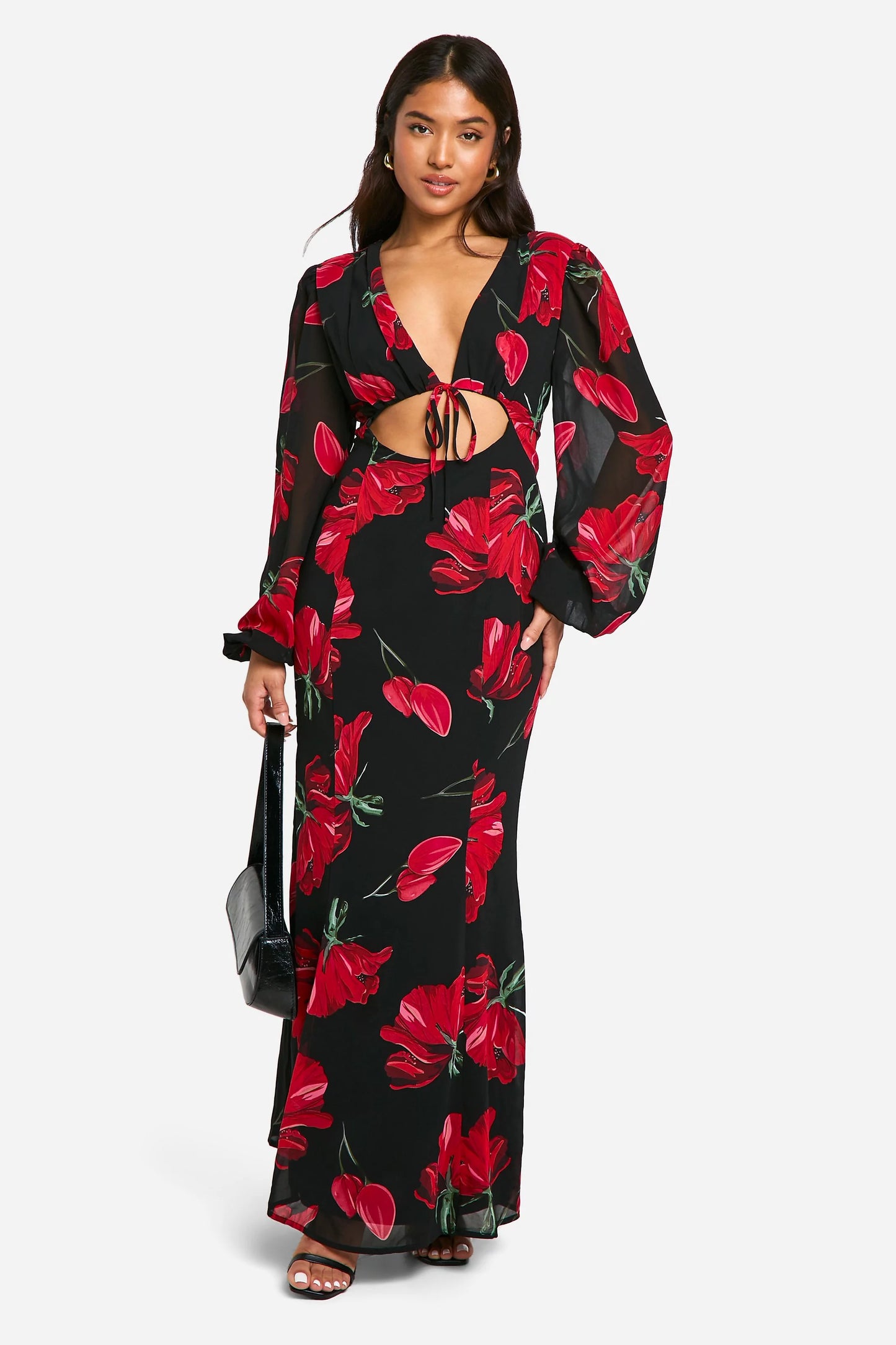 Chiffon floral volume sleeve maxi dress in red