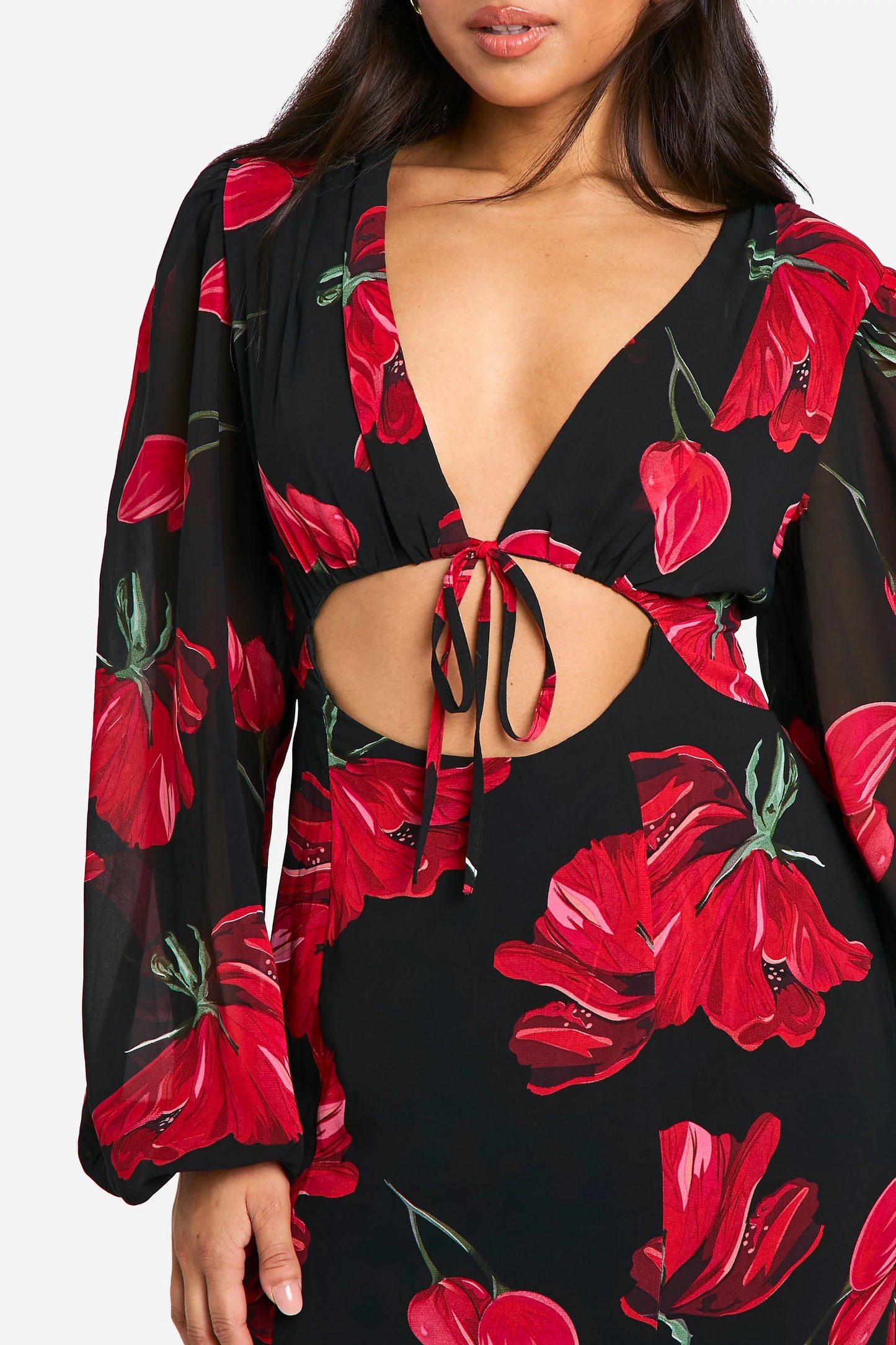 Chiffon floral volume sleeve maxi dress in red