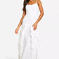 Chiffon ruched ruffle maxi in white