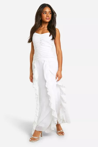 Chiffon ruched ruffle maxi in white