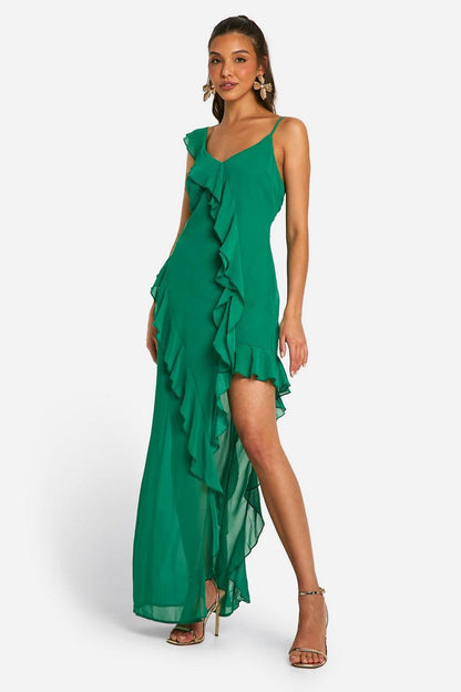 Chiffon ruffle asymmetric maxi dress in green