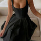 Cinched waist square neck spaghetti strap mini in black