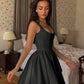 Cinched waist square neck spaghetti strap mini in black