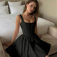 Cinched waist square neck spaghetti strap mini in black
