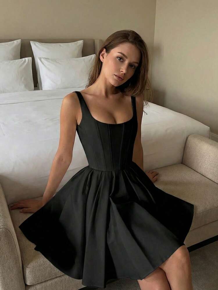 Cinched waist square neck spaghetti strap mini in black