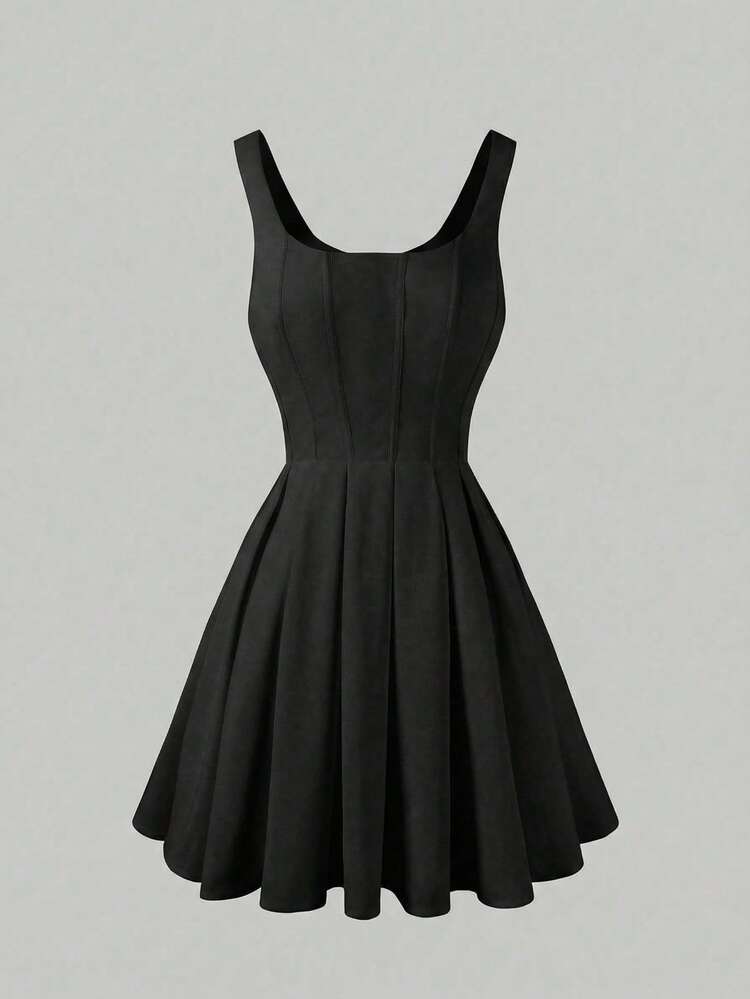 Cinched waist square neck spaghetti strap mini in black